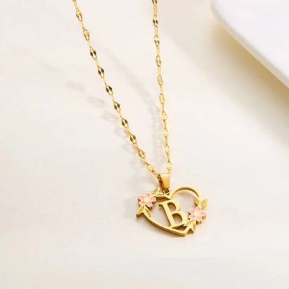 Dainty Floral Accented Heart Letter Initial Necklace
