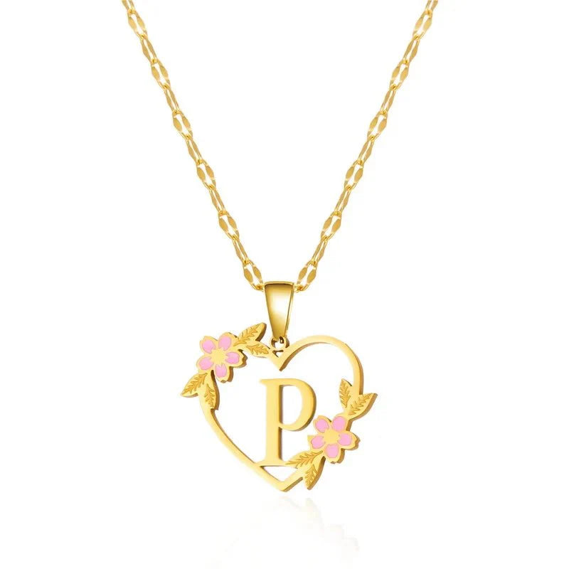 Dainty Floral Accented Heart Letter Initial Necklace