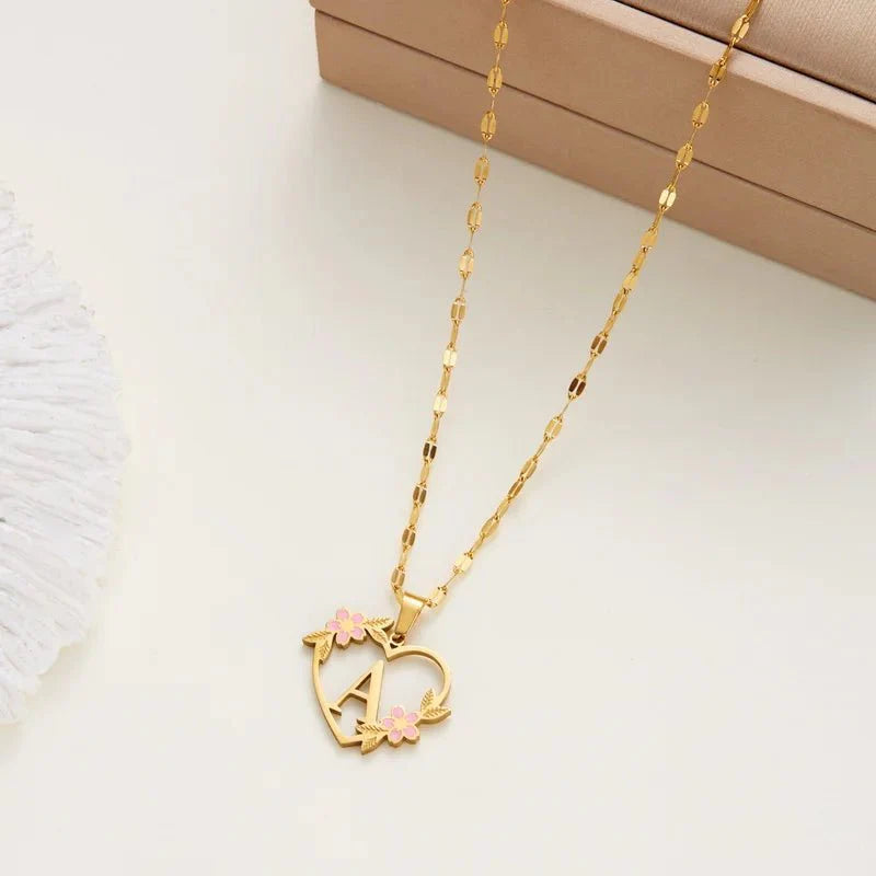 Dainty Floral Accented Heart Letter Initial Necklace