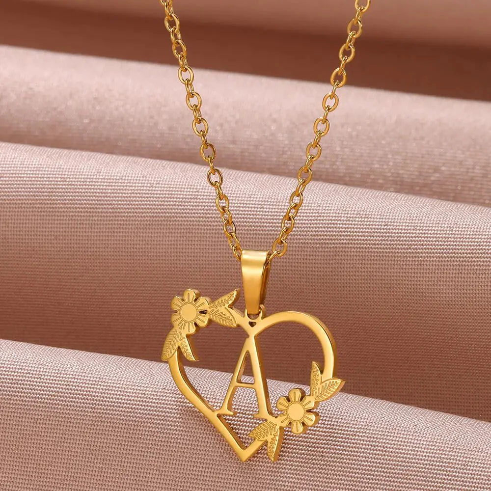 Dainty Floral Heart Letter Initial Necklace