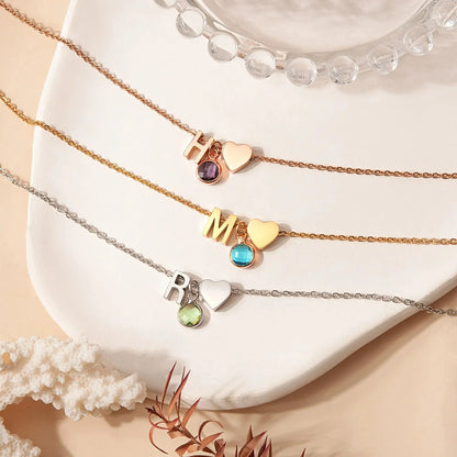 Dainty Heart & Birthstone Letter Initial Necklace