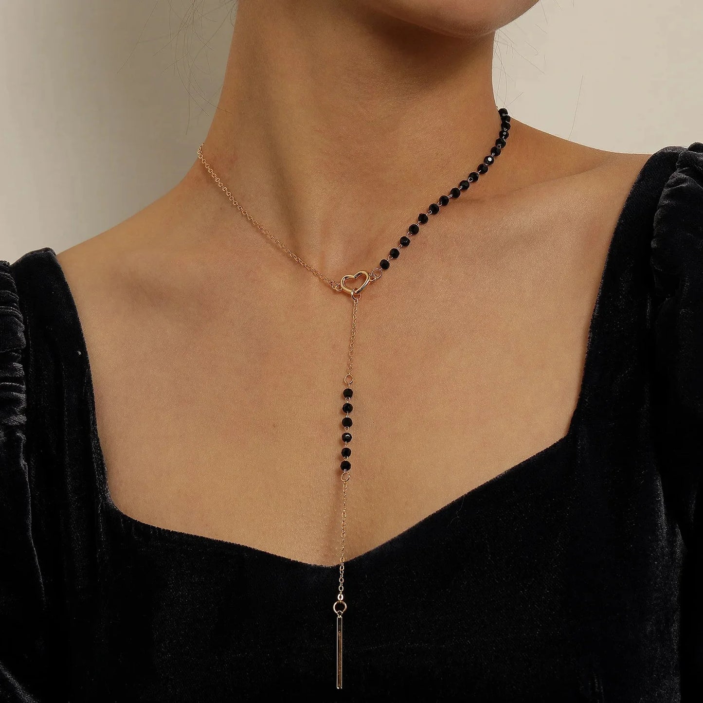 Dainty Heart Black and Gold Lariat Necklace