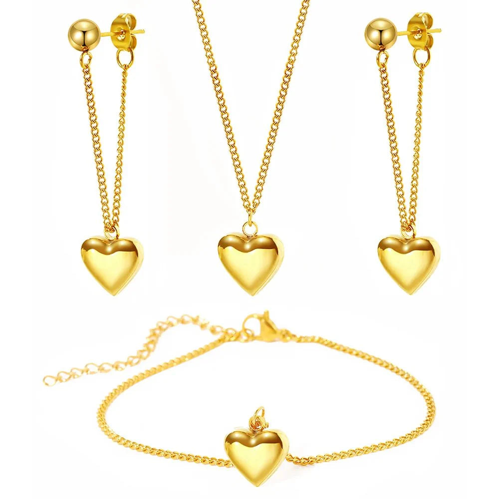 Dainty Heart Chain Necklace, Bracelet, and Earring Set