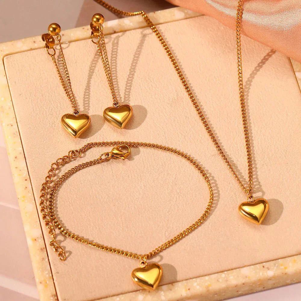 Dainty Heart Chain Necklace, Bracelet, and Earring Set