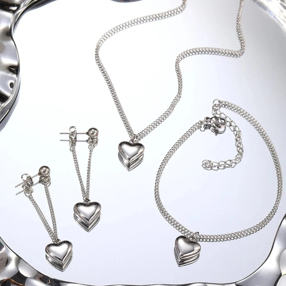 Dainty Heart Chain Necklace, Bracelet, and Earring Set