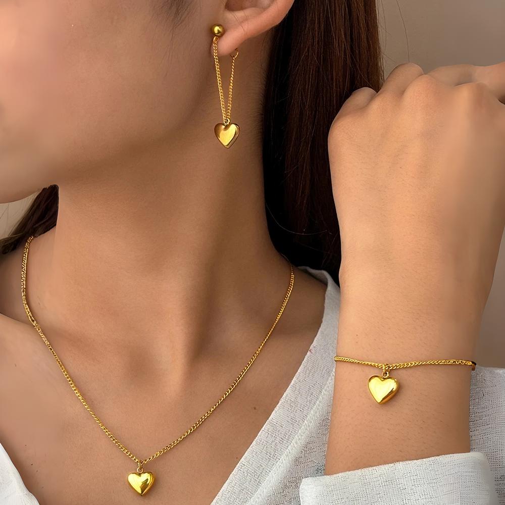 Dainty Heart Chain Necklace, Bracelet, and Earring Set