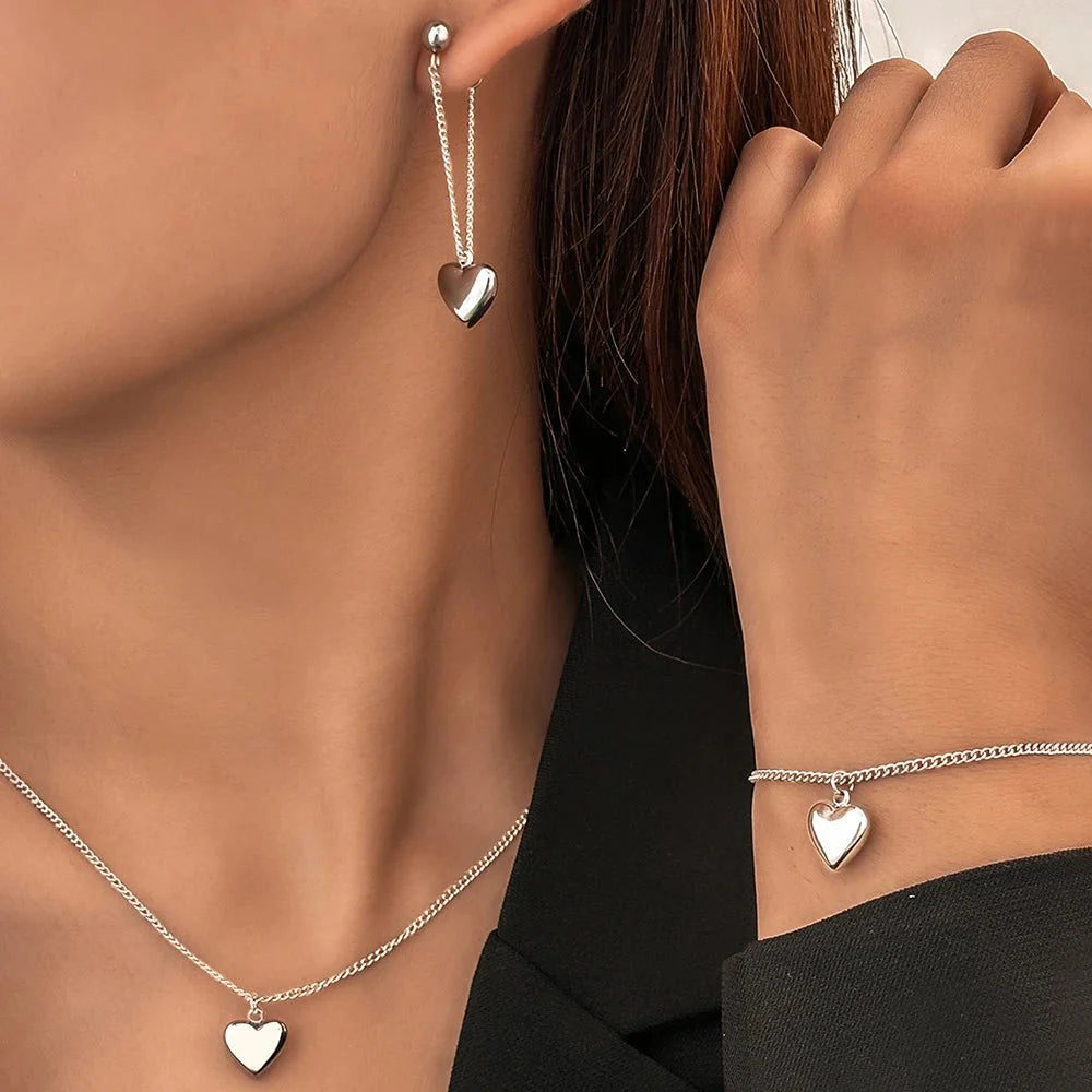 Dainty Heart Chain Necklace, Bracelet, and Earring Set