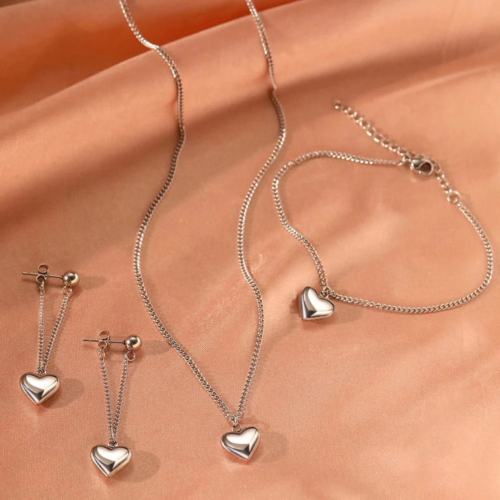 Dainty Heart Chain Necklace, Bracelet, and Earring Set