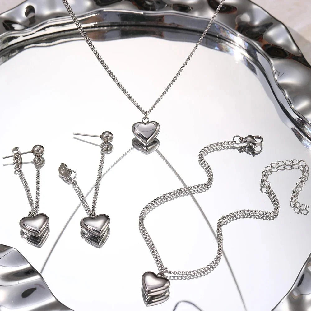 Dainty Heart Chain Necklace, Bracelet, and Earring Set
