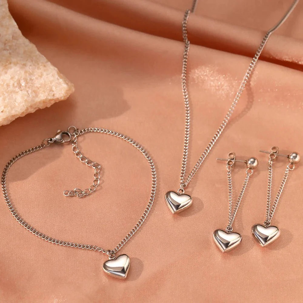 Dainty Heart Chain Necklace, Bracelet, and Earring Set