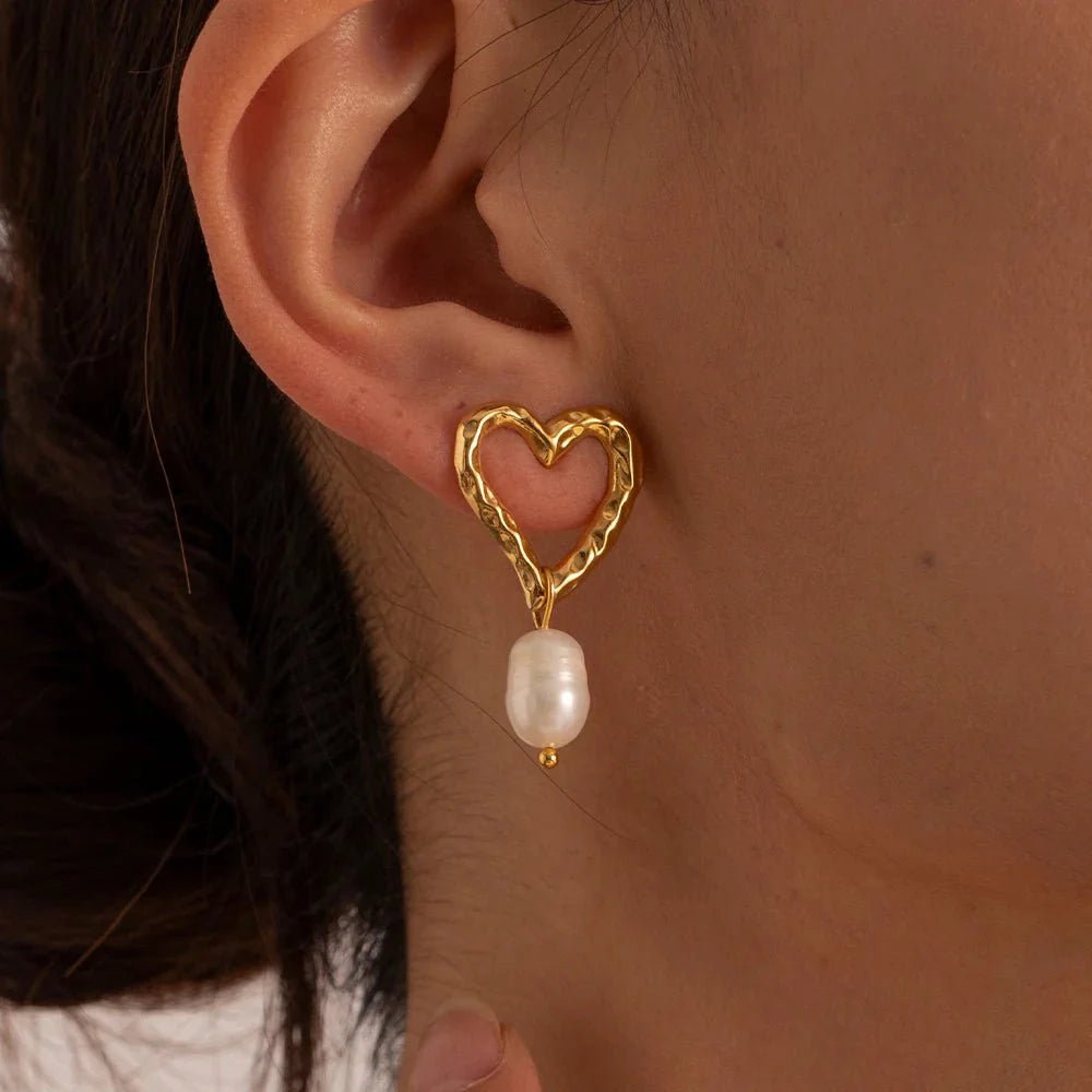 Dainty Heart Pearl Drop Earrings