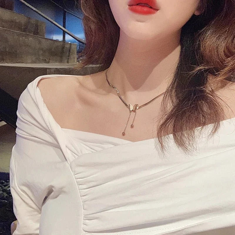 Dainty Herringbone Butterfly Dangle Necklace