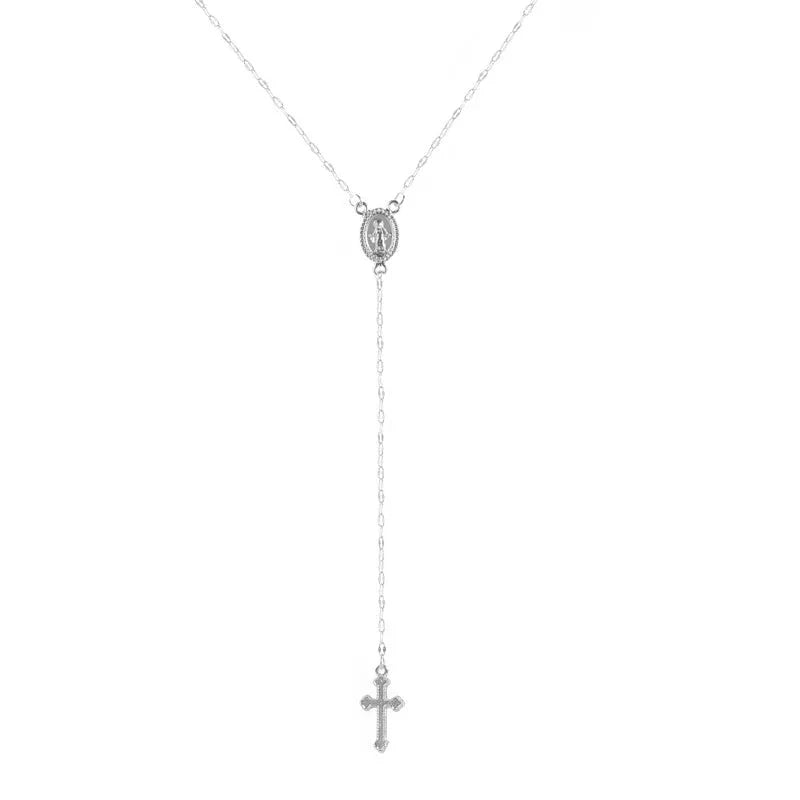 Dainty Lariat Cross Rosary Necklace