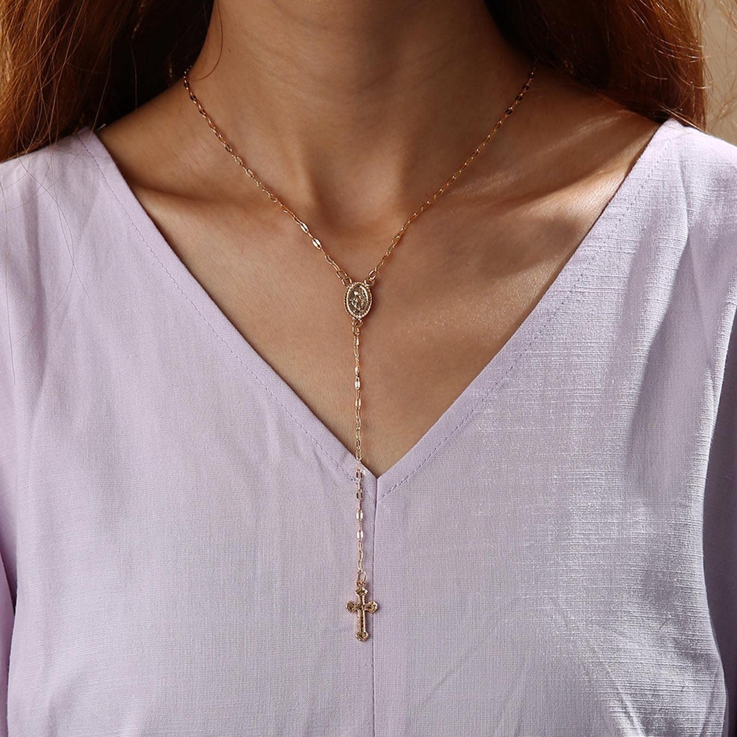 Dainty Lariat Cross Rosary Necklace