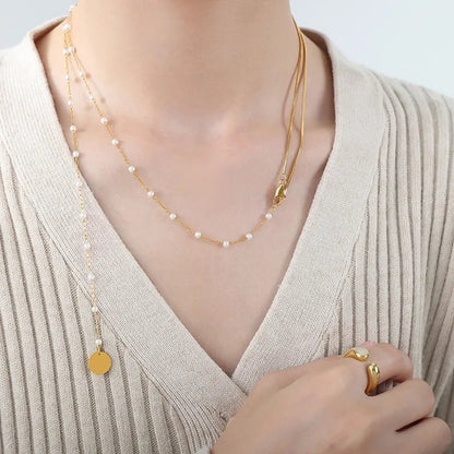 Dainty Layered Pearl Accented Herringbone Necklace