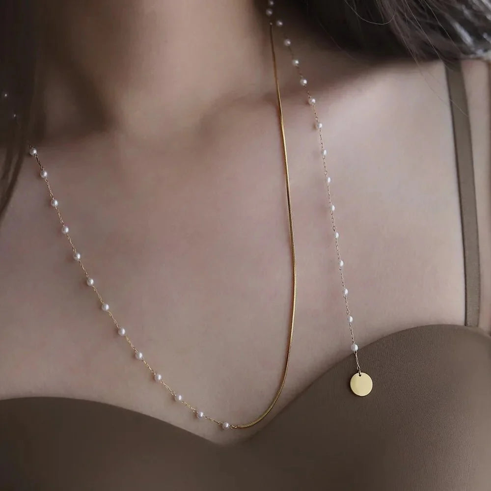 Dainty Layered Pearl Accented Herringbone Necklace