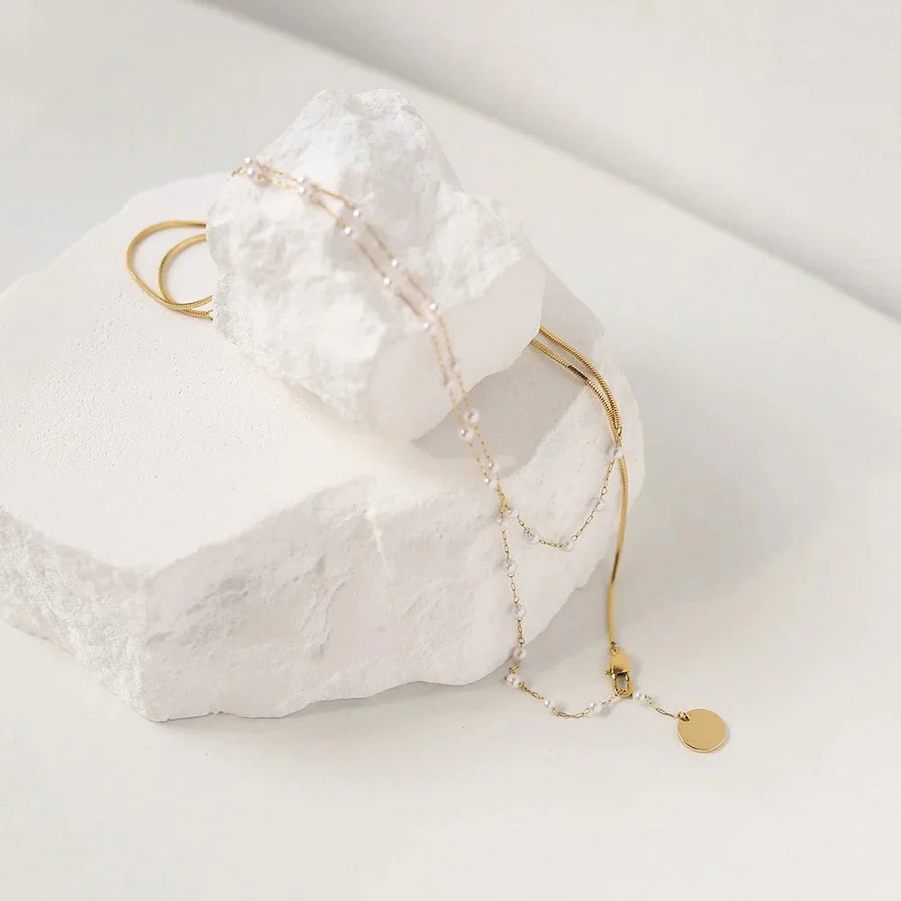 Dainty Layered Pearl Accented Herringbone Necklace