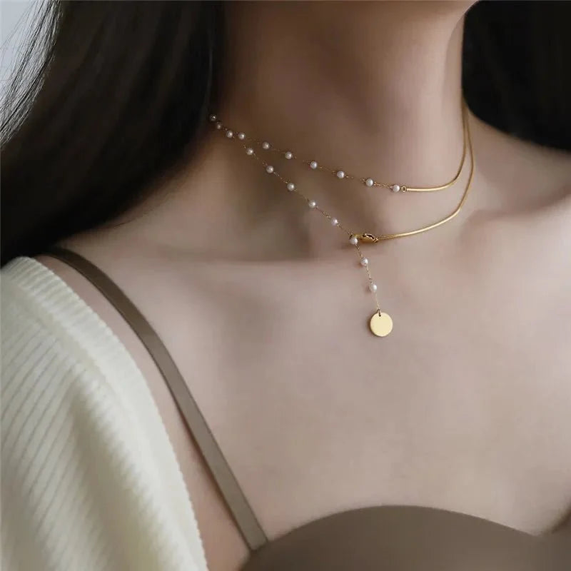 Dainty Layered Pearl Accented Herringbone Necklace