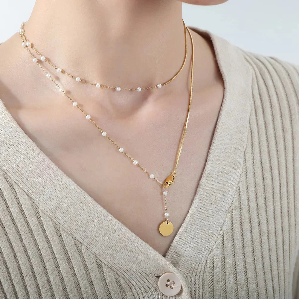 Dainty Layered Pearl Accented Herringbone Necklace