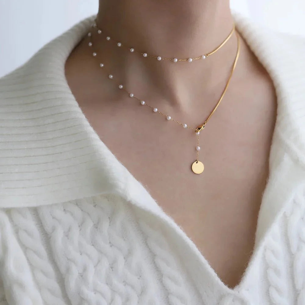Dainty Layered Pearl Accented Herringbone Necklace