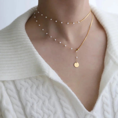 Dainty Layered Pearl Accented Herringbone Necklace