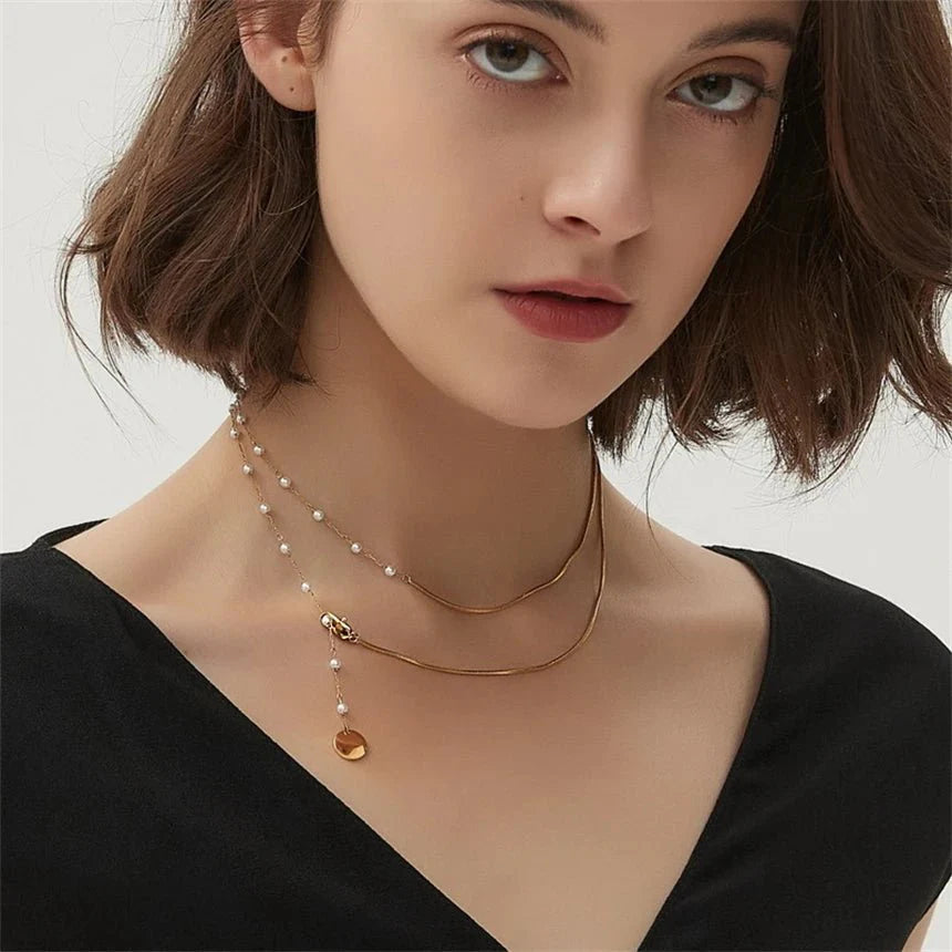 Dainty Layered Pearl Accented Herringbone Necklace