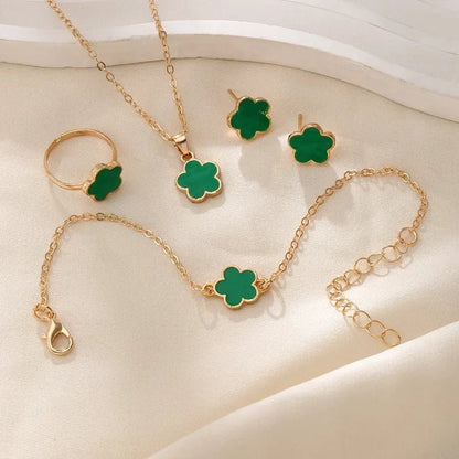 Dainty Lucky Floral Clover Necklace, Bracelet, Earrings, and Rings Set