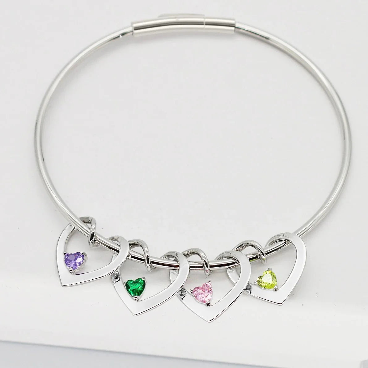 Dainty Name & Birthstone Heart Charm Bangle Bracelet & Necklace
