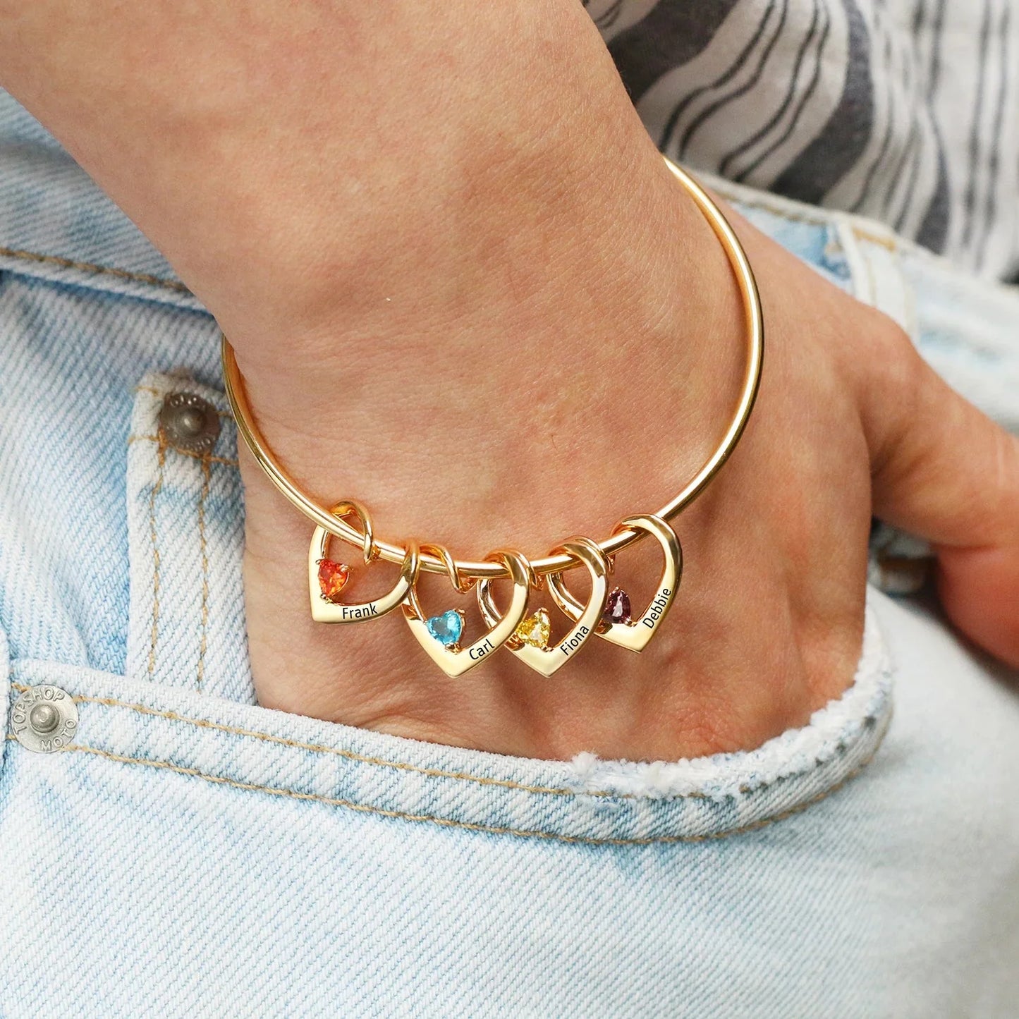 Dainty Name & Birthstone Heart Charm Bangle Bracelet & Necklace