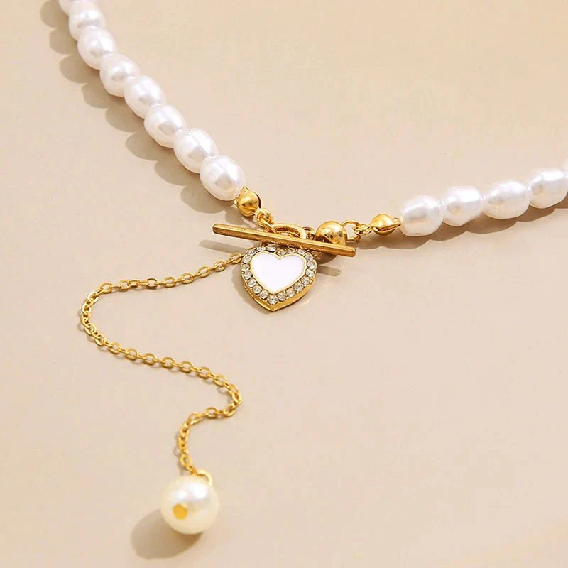 Dainty Pearl Drop Heart Clasp Choker Necklace