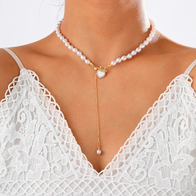 Dainty Pearl Drop Heart Clasp Choker Necklace