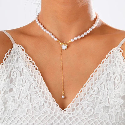 Dainty Pearl Drop Heart Clasp Choker Necklace