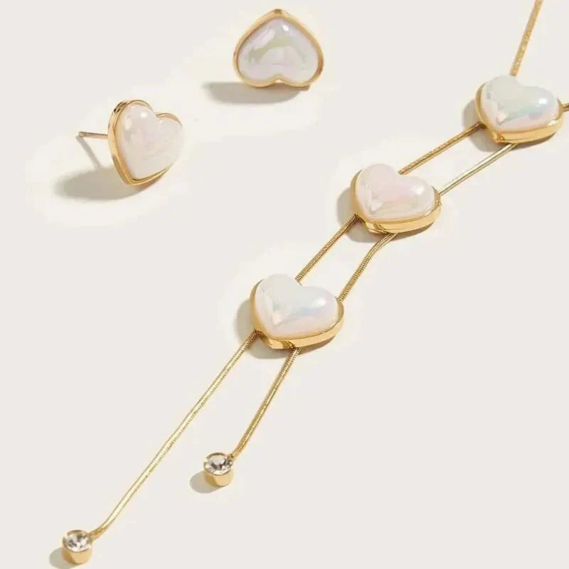 Dainty Pearl Heart Lariat Necklace and Earrings Set
