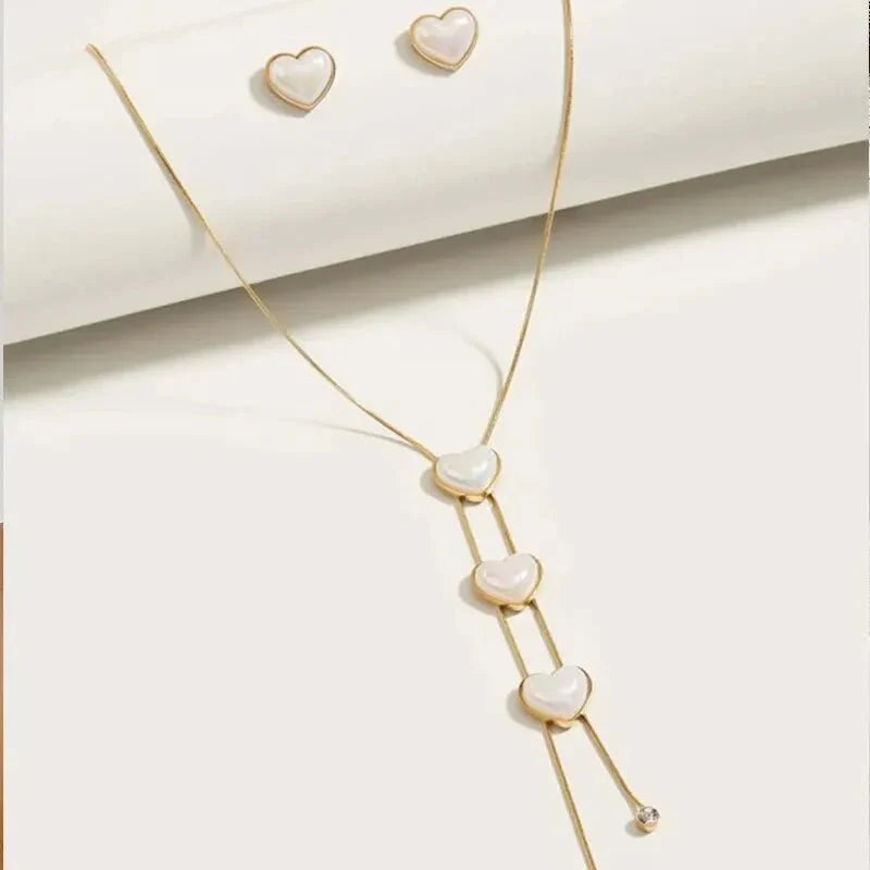 Dainty Pearl Heart Lariat Necklace and Earrings Set