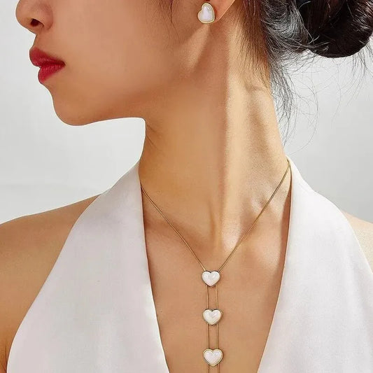 Dainty Pearl Heart Lariat Necklace and Earrings Set
