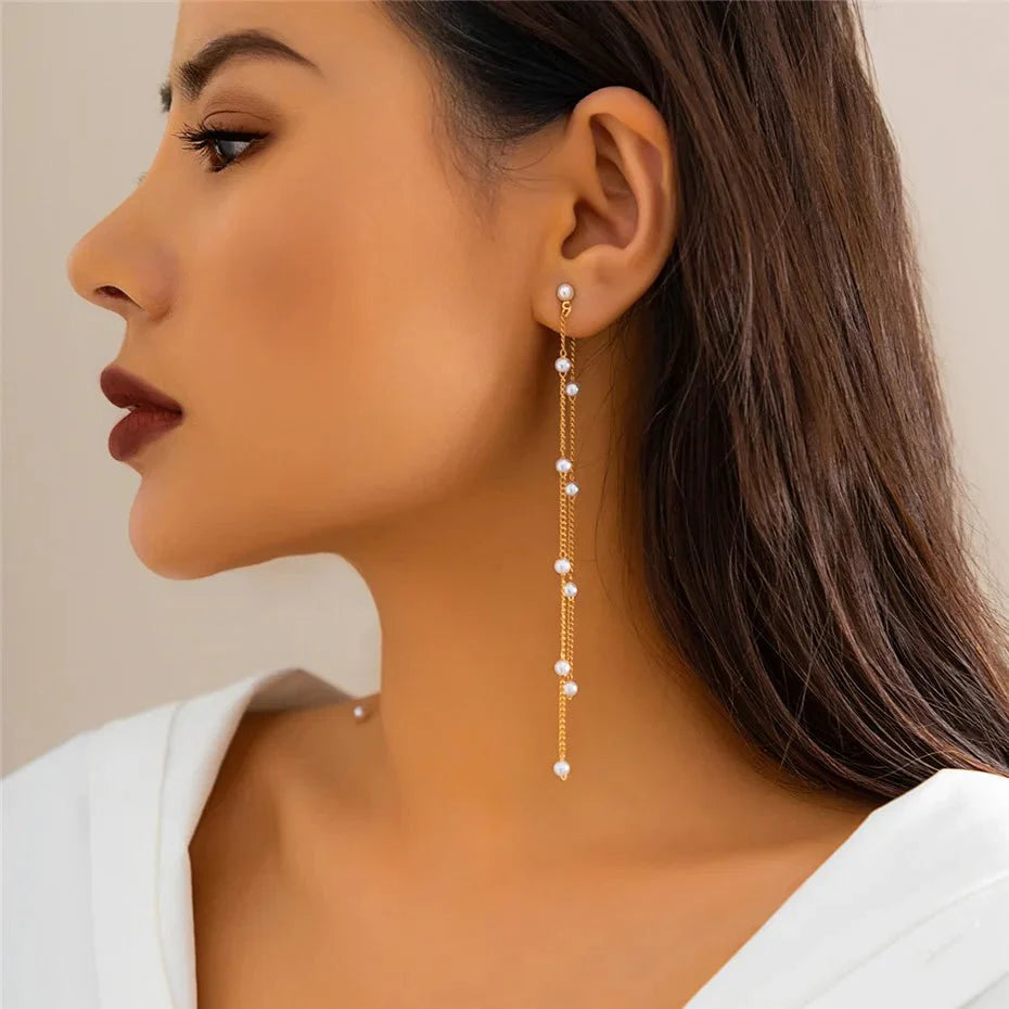 Dainty Pearl Long Tassel Earrings