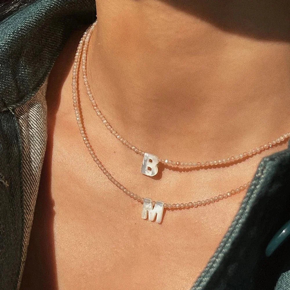 Dainty Stone Beaded Initial Necklace