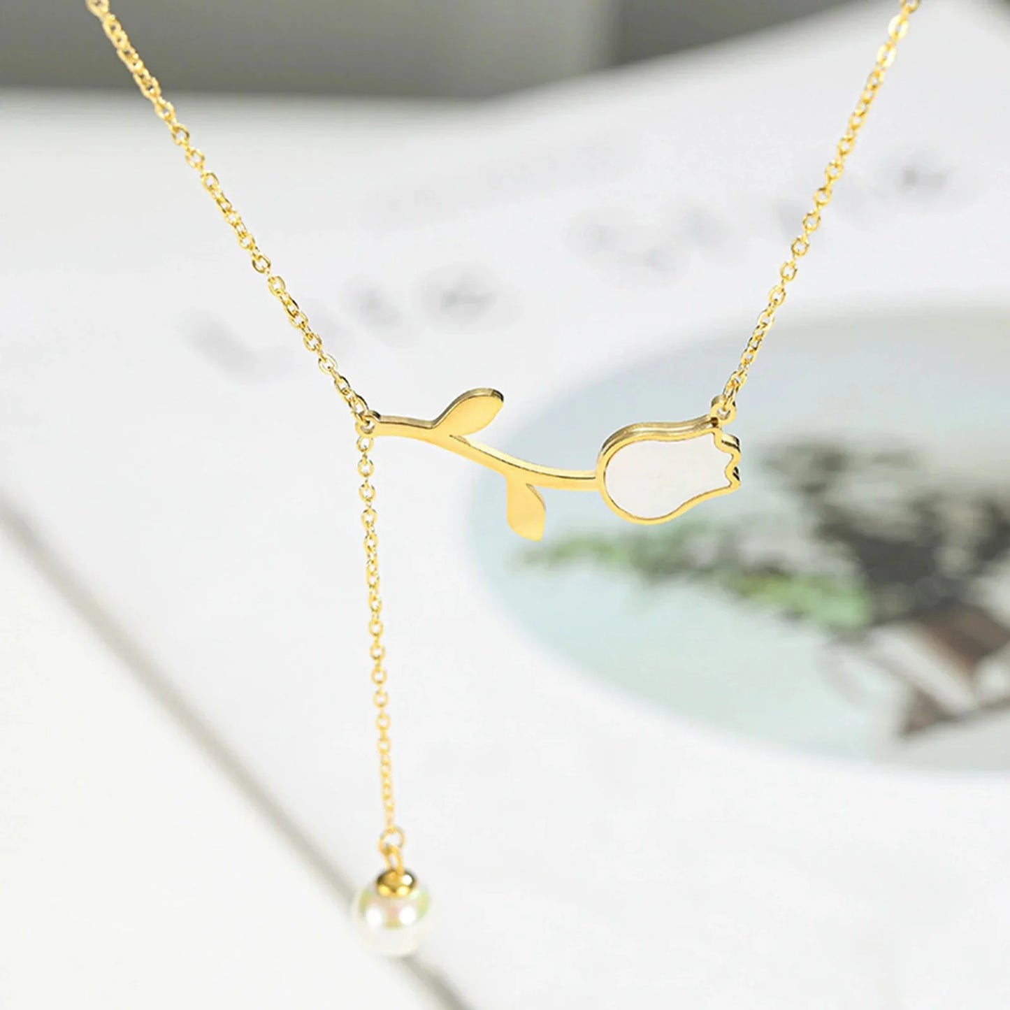 Dainty Tulip Pearl Tassel Necklace