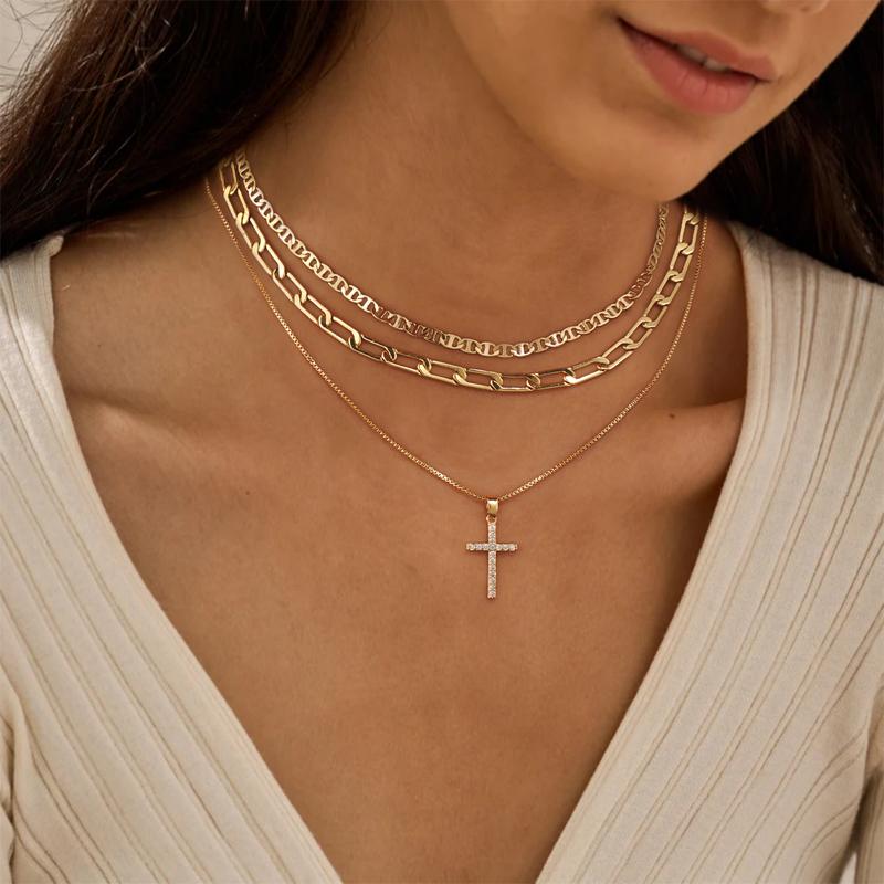 3pc 14k Layered Cross Necklace Stack