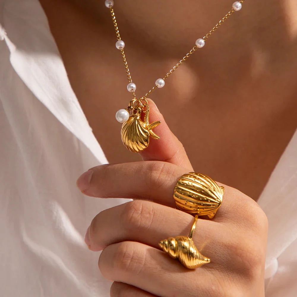 Elegant Dainty Spaced Pearl Seashell Necklace
