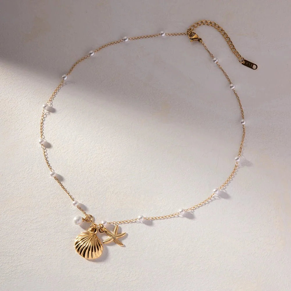 Elegant Dainty Spaced Pearl Seashell Necklace