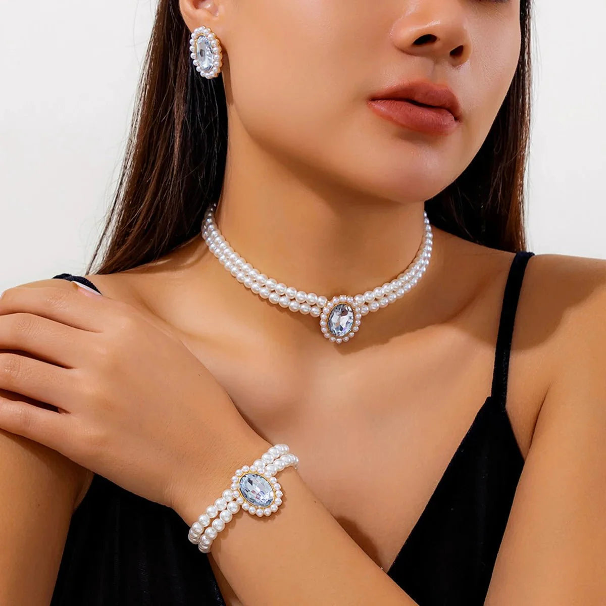 Elegant Oval Diamond Pearl Necklace, Bracelet, Earrings Set