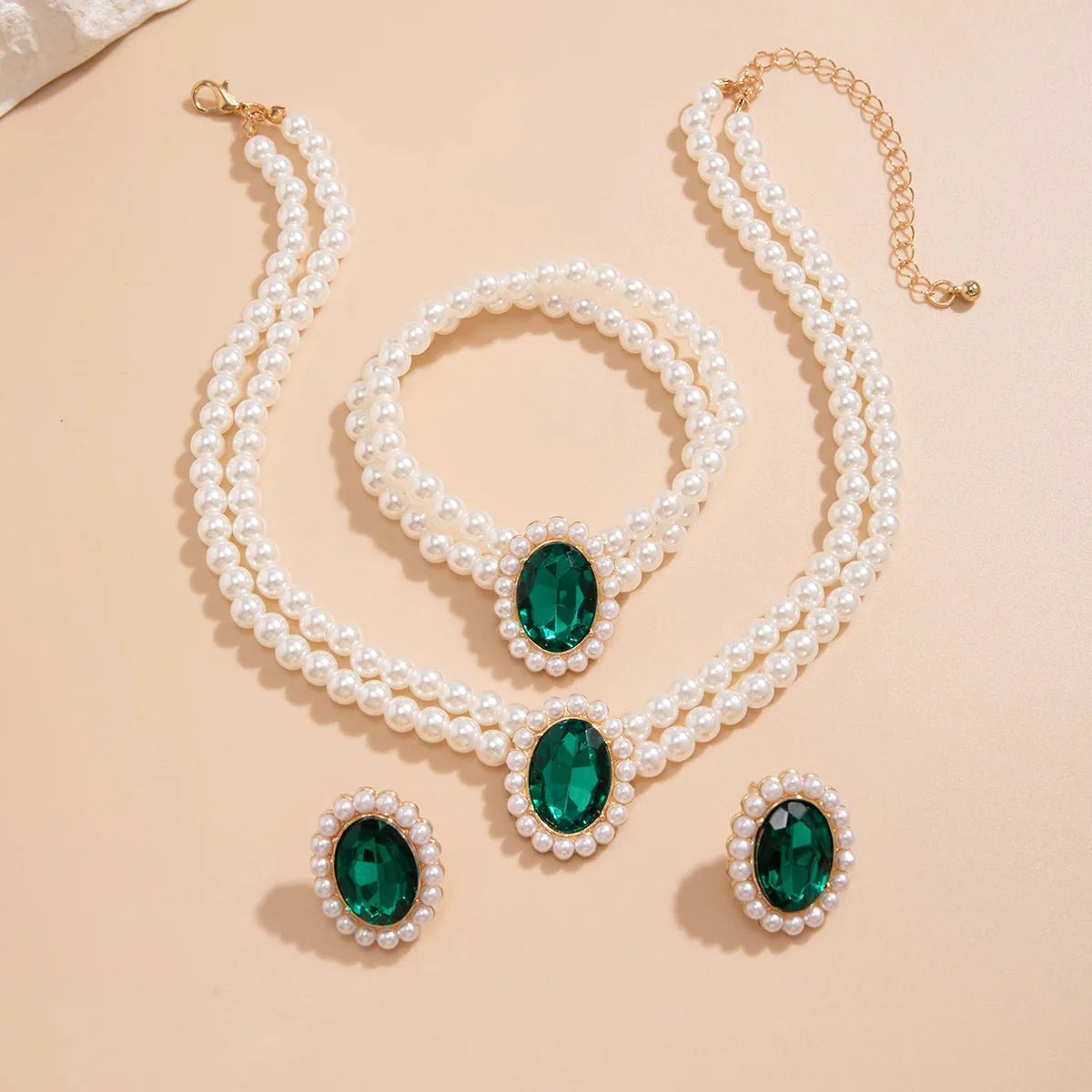 Elegant Oval Diamond Pearl Necklace, Bracelet, Earrings Set