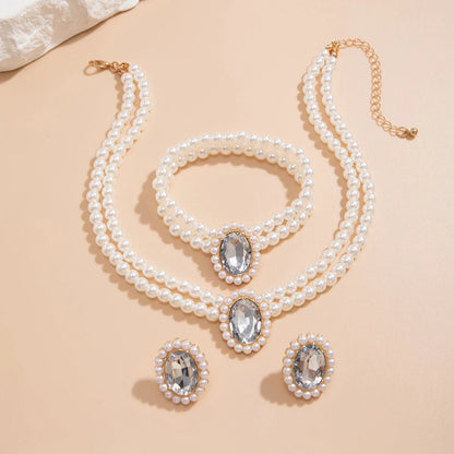 Elegant Oval Diamond Pearl Necklace, Bracelet, Earrings Set