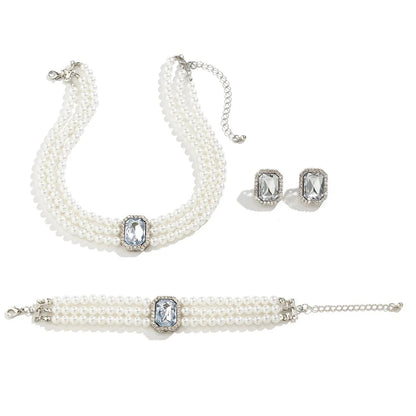 Elegant Pearl Diamond Necklace, Bracelet, and Earring Set