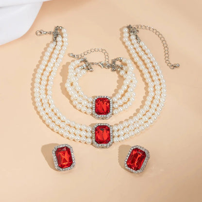 Elegant Pearl Diamond Necklace, Bracelet, and Earring Set