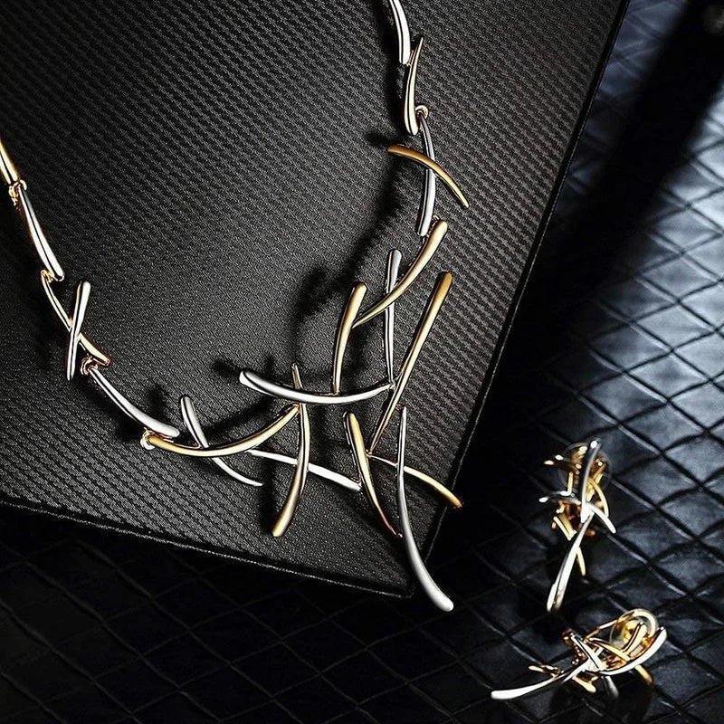 Elegant Two-Tone Branch Cross Necklace and Earring Set