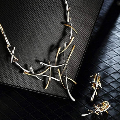 Elegant Two-Tone Branch Cross Necklace and Earring Set