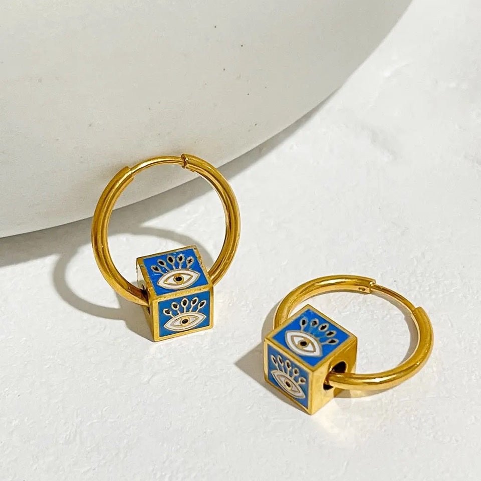 Evil Eye Cube Huggie Hoop Earrings