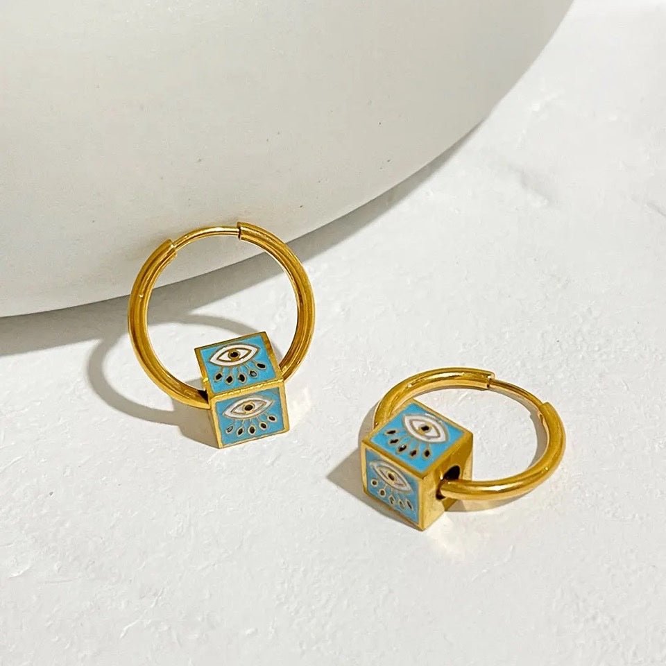 Evil Eye Cube Huggie Hoop Earrings
